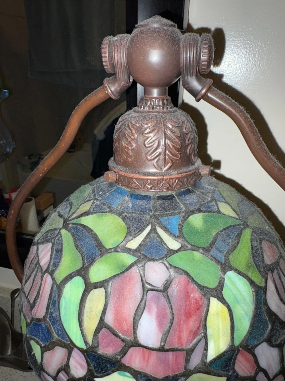 Mosaic Stained Glass Lamp with Pink, Green & Blue Shade